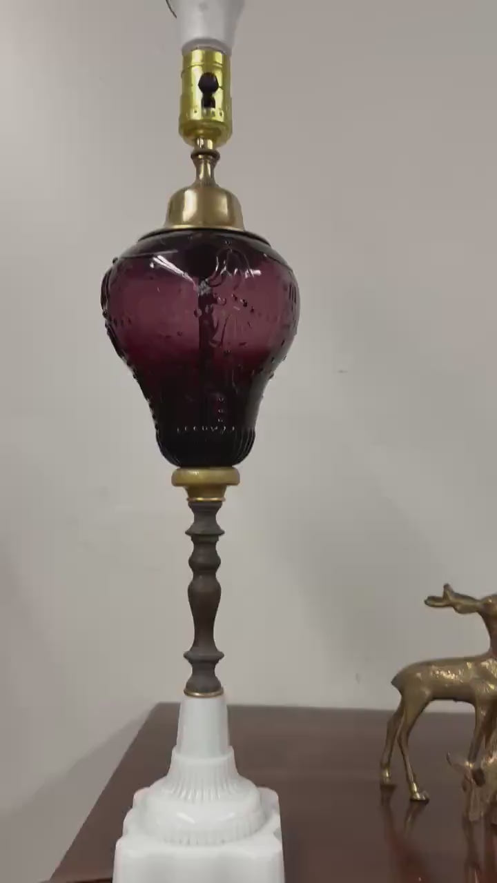 Vintage Deep Purple Glass Table Lamp, Amethyst Retro Glass Lamp, Mid Century Art Deco Amethyst Lamp