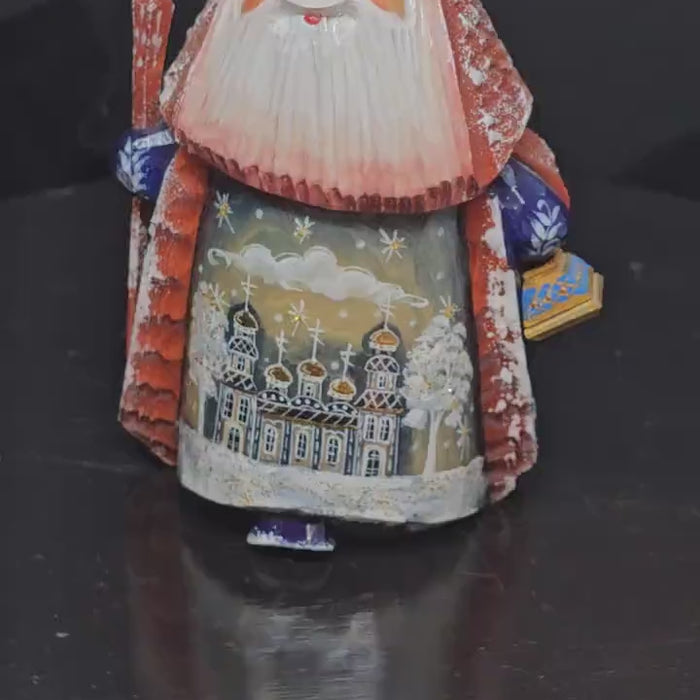 Russian Grandfather Frost Hand-carved wood, signed, Palekh style painting.