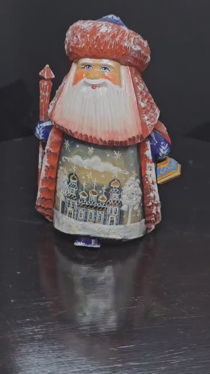 Russian Grandfather Frost Hand-carved wood, signed, Palekh style painting.