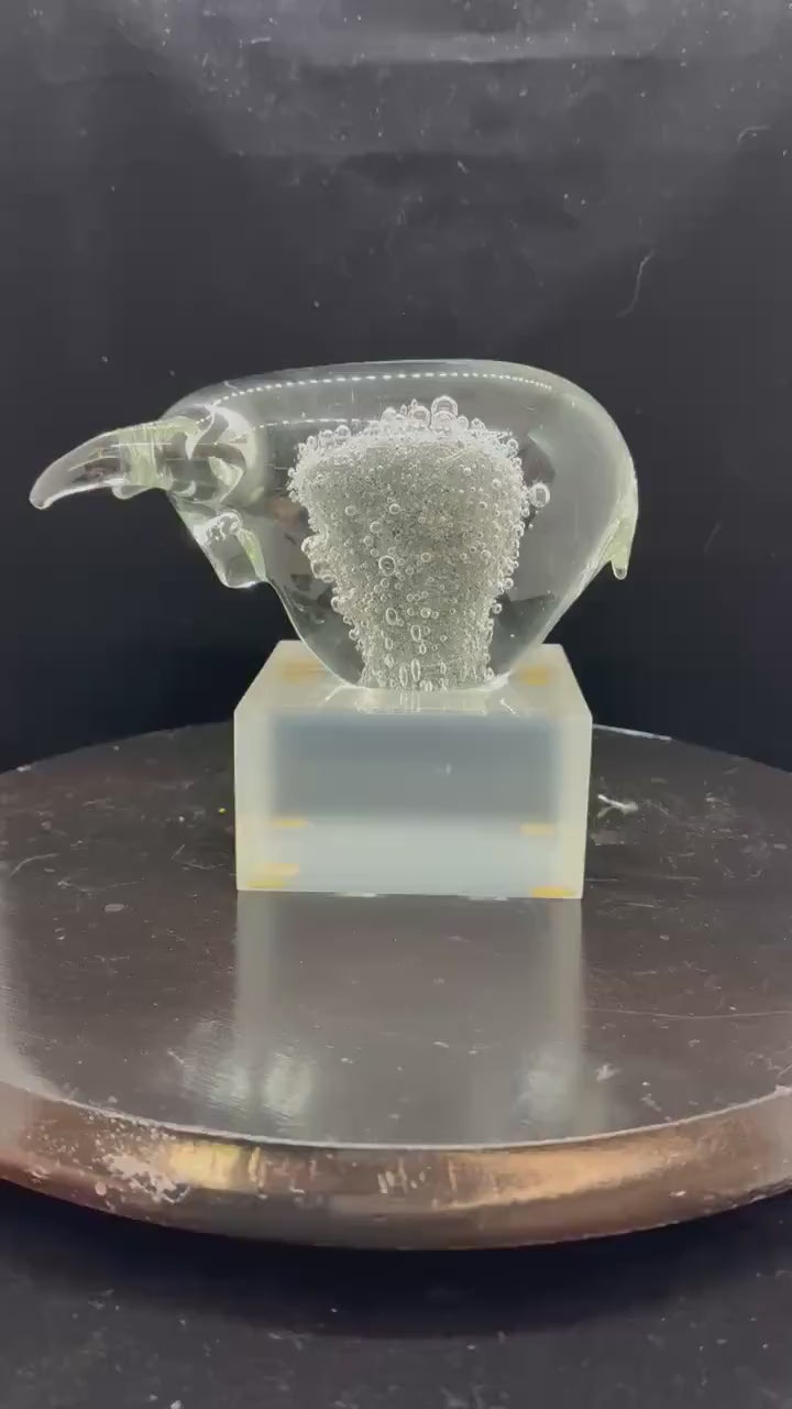 Vintage Clear Controlled Hand Blown Glass Bull, Hand Blown Glass Sculpture,  Art Glass Figurine