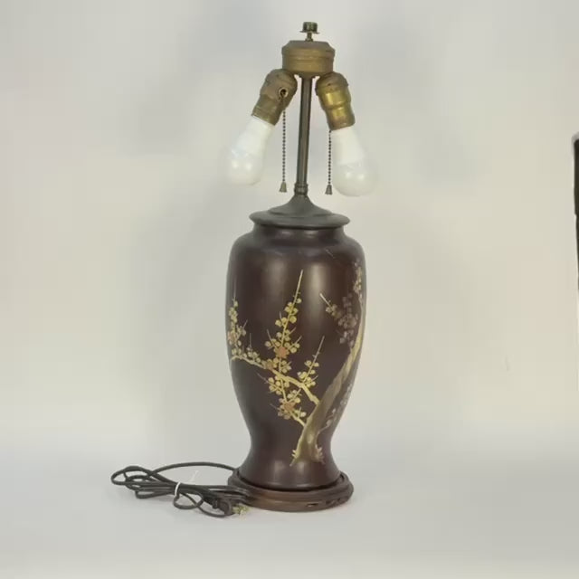 Brown Asian Lamp with Metallic Cherry Blossoms
