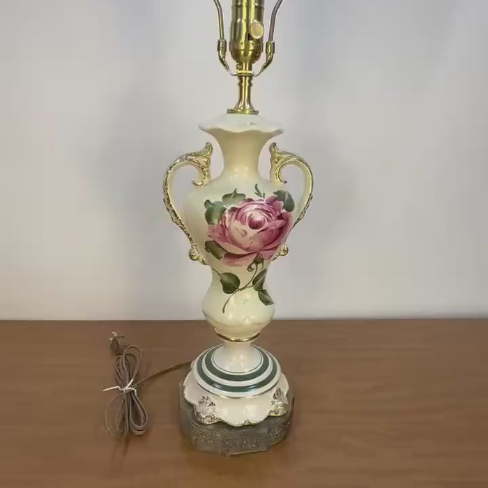 Antique Hand Painted Rose Ceramic Lamp