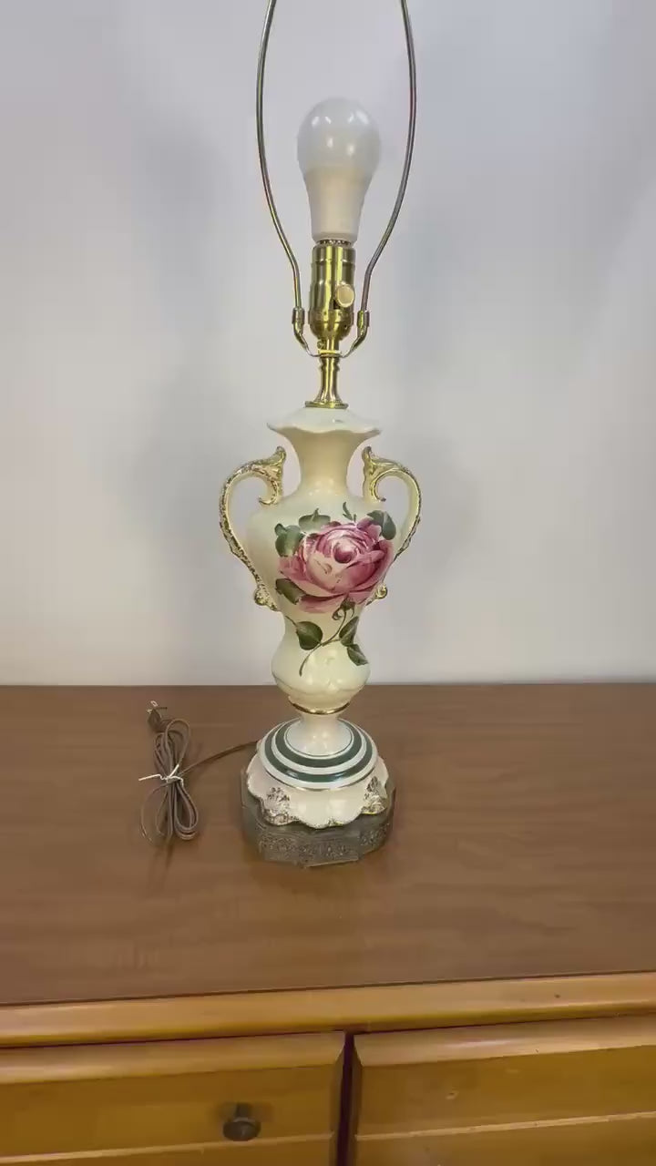 Antique Hand Painted Rose Ceramic Lamp