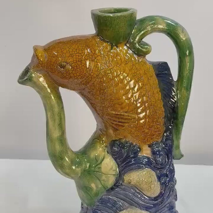 Figural Majolica-style Fish Ewer, Hand Painted Embossed Decorative Pottery, Vintage Art Fish Pitcher
