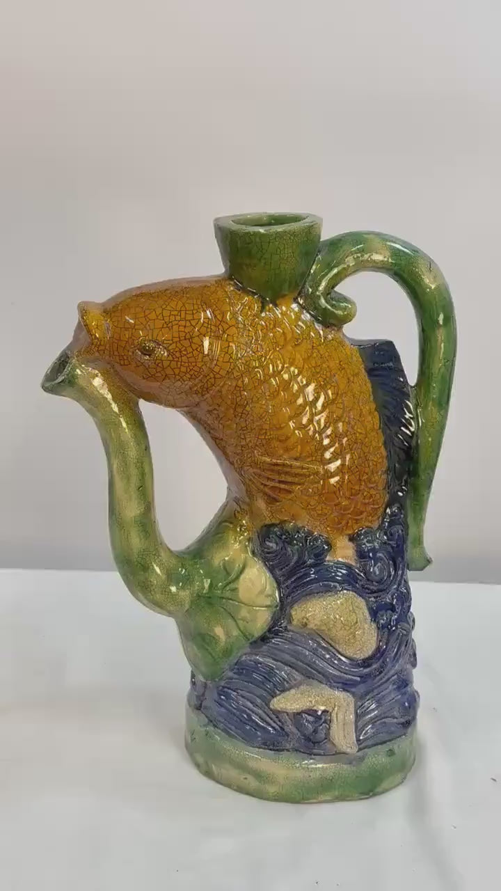 Figural Majolica-style Fish Ewer, Hand Painted Embossed Decorative Pottery, Vintage Art Fish Pitcher