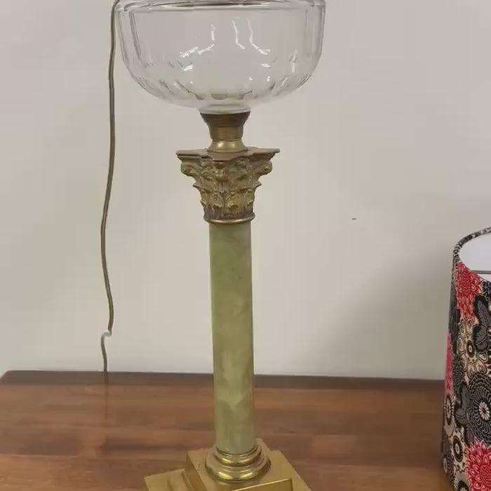 Tall Green Onyx Kerosene Lamp, Brass Electrified Onyx Lamp, Vintage Brass Lamp