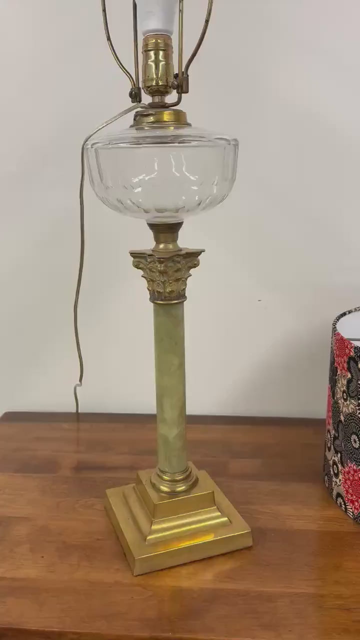 Tall Green Onyx Kerosene Lamp, Brass Electrified Onyx Lamp, Vintage Brass Lamp