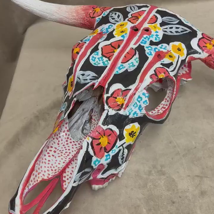 Hand Painted Black and Red Floral Cow Skull by Charlie Harris