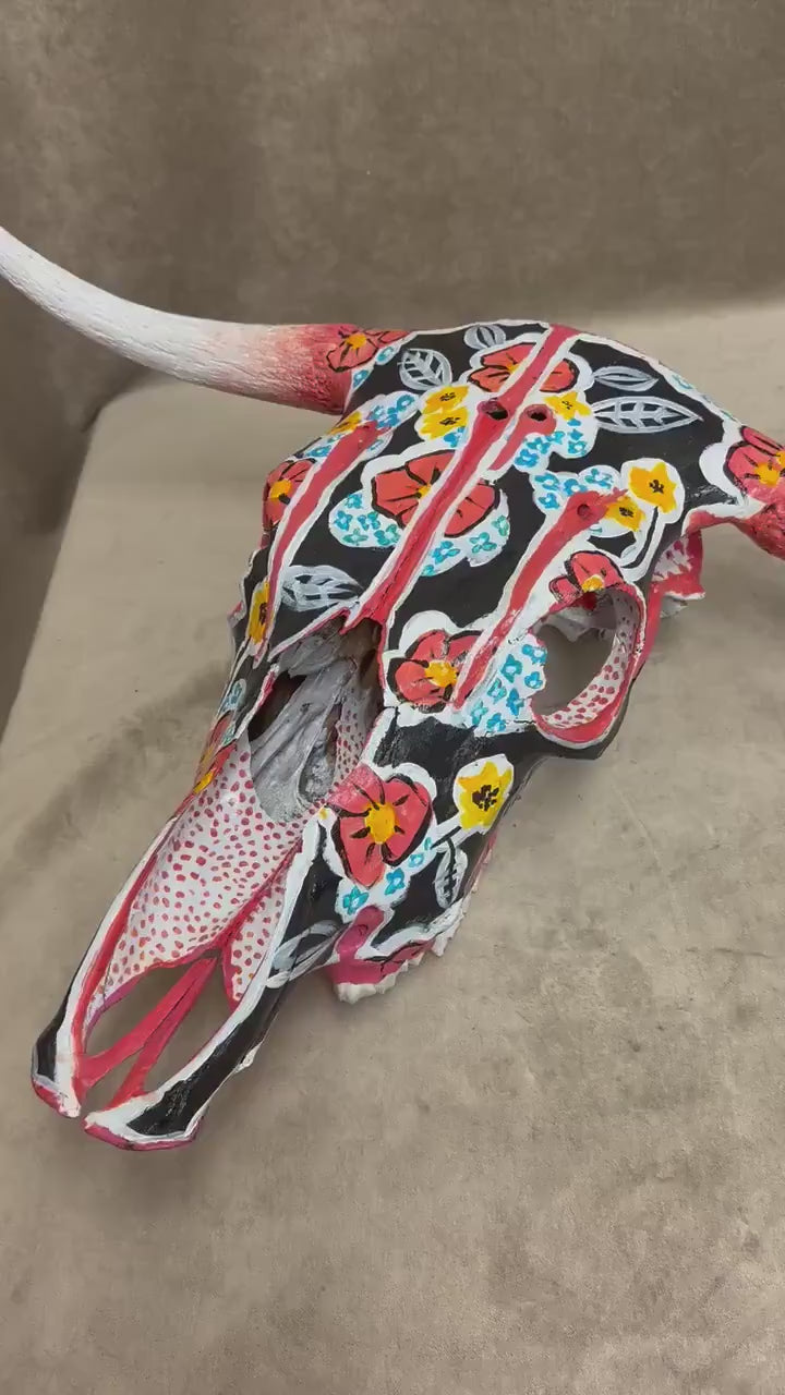 Hand Painted Black and Red Floral Cow Skull by Charlie Harris