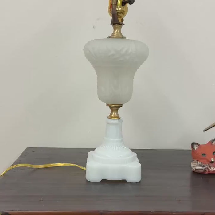 Vintage Frosted Glass Lamp with Milk Glass Base