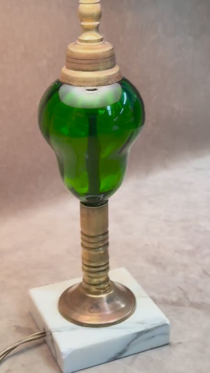Vintage Green Glass Brass Lamp, Tabletop Vintage Lighting, Mid Century Retro Vintage Green Lamp