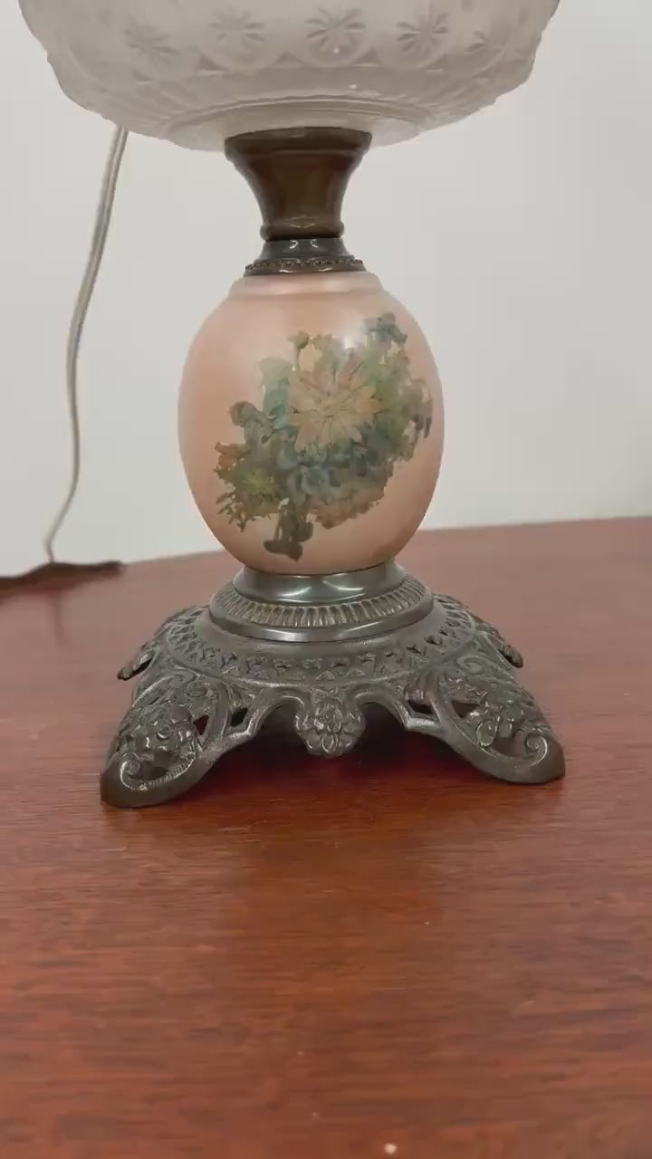 Electrified Glass Pressed Oil Lamp | Pink Floral Table Lighting | Vintage Star Electrified Lamp