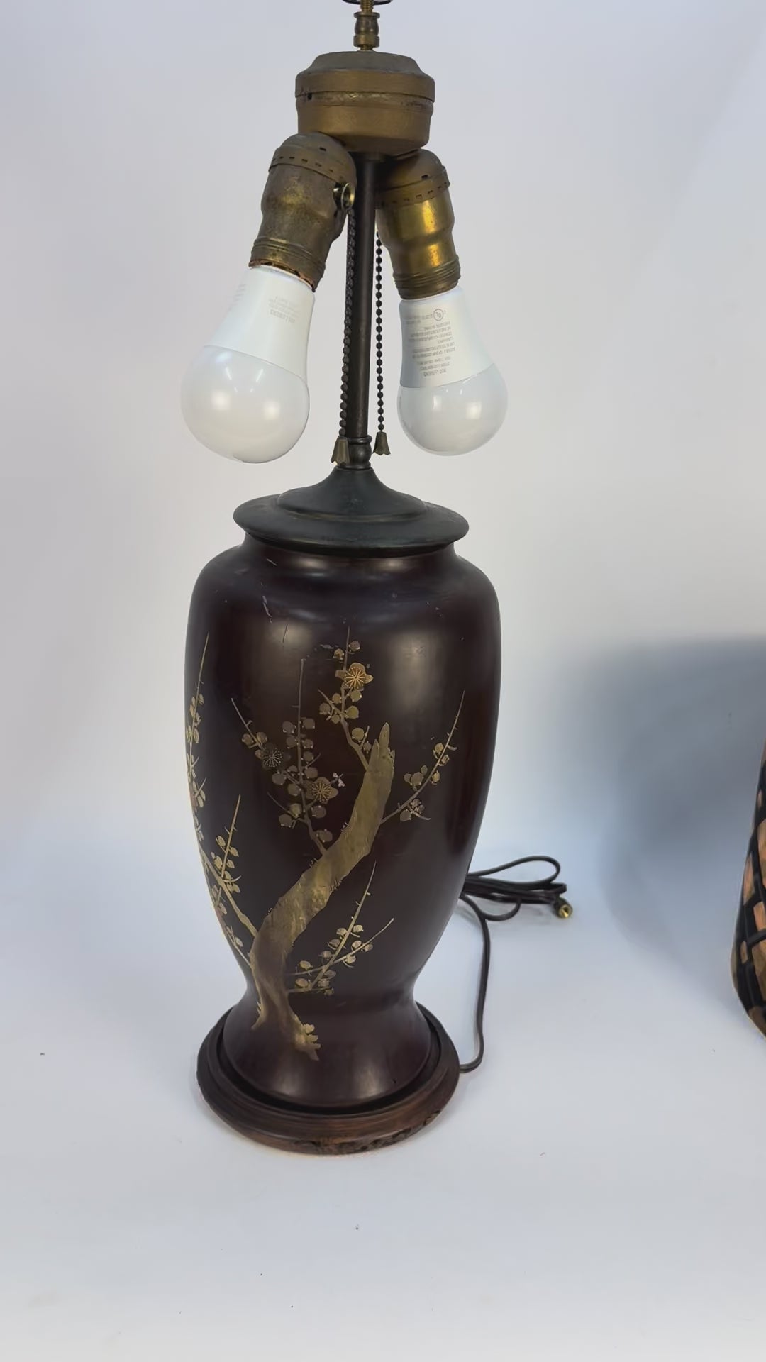 Brown Asian Ceramic Lamp with Cherry Blossoms