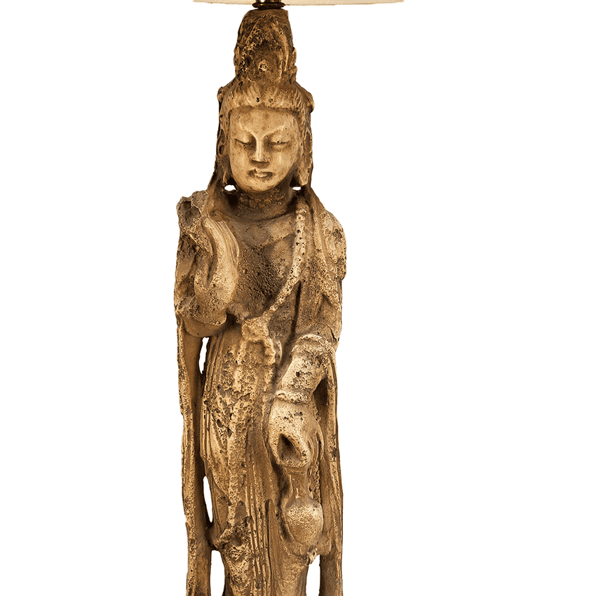 Vintage 3-Way Quan Yin Statue Table Lamp | Ancient Style Ceramic Goddess of Mercy Figure Light | Asian Chinoiserie Boho Curio Accent Decor