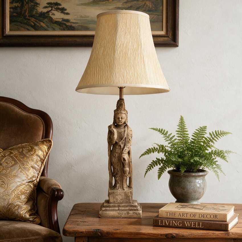 Vintage 3-Way Quan Yin Statue Table Lamp | Ancient Style Ceramic Goddess of Mercy Figure Light | Asian Chinoiserie Boho Curio Accent Decor