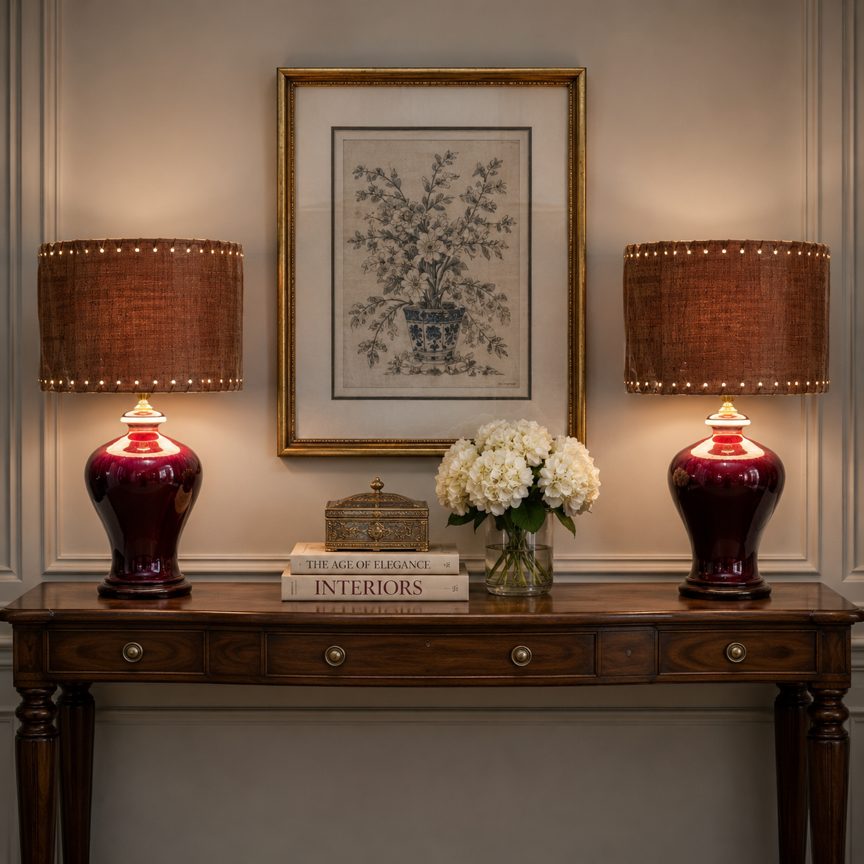 A symmetrical interior scene featuring two matching table lamps with deep red ceramic bases and brown drum shades, placed on either side of a wooden console table. A framed botanical print hangs on the wall above, with books and a vase of white flowers on the tabletop.