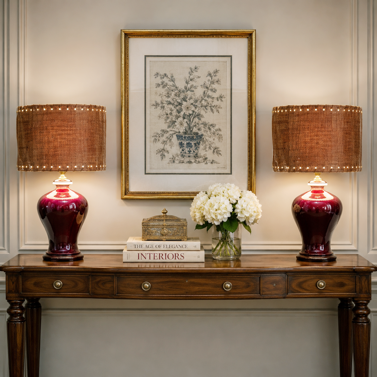 Pair Red Drip Glaze Ceramic Table Lamps Burgundy Oxblood Style 3-Way