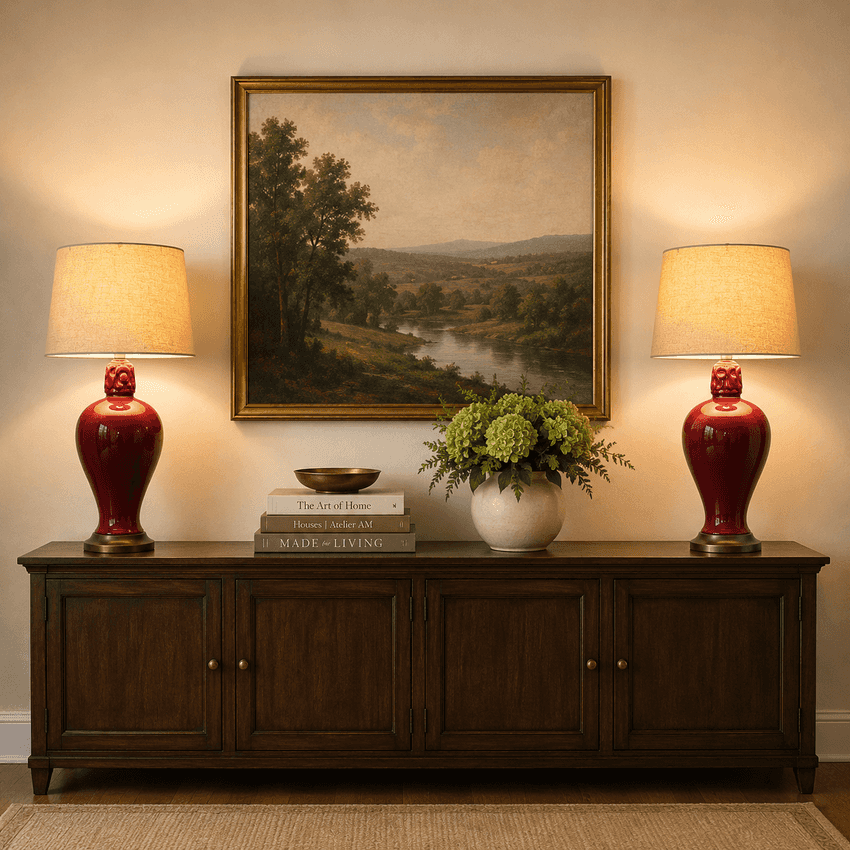 A styled interior scene showing a dark wood console table with two matching red ceramic table lamps, a vase of green flowers, and a framed landscape painting on the wall above.
