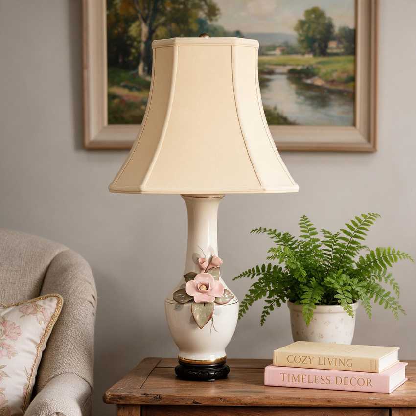 A decorative table lamp with a cream-colored shade and ceramic base, featuring a pink flower and green leaf embellishment. The lamp is styled on a wooden side table next to a potted fern and books, with a neutral armchair and framed landscape painting in the background.