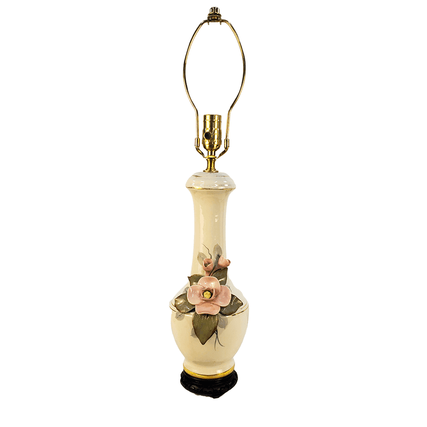 Vintage Capodimonte Style Ceramic Lamp with 3D Porcelain Roses | Cream Floral Relief Table Lamp | Elegant Hollywood Regency Grandmillennial Decor