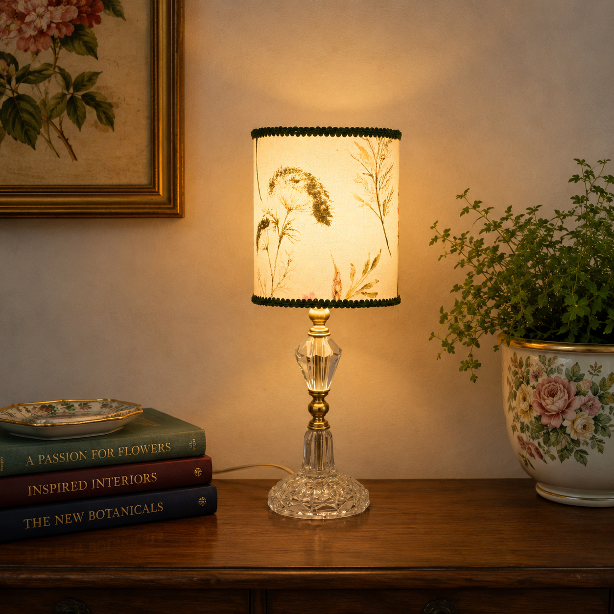 A lit table lamp with a cream fabric shade featuring botanical illustrations and a gold-toned crystal base, placed on a wooden console table in a warmly lit room with books and a potted plant nearby.