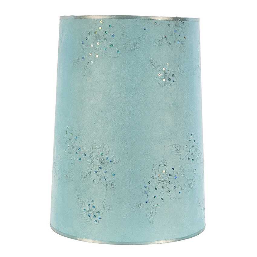 Handmade Light Blue Faux Suede Drum Lampshade with Embroidered Sequined Roses | Custom Pastel Blue Sparkle Spider Fitter Replacement Shade