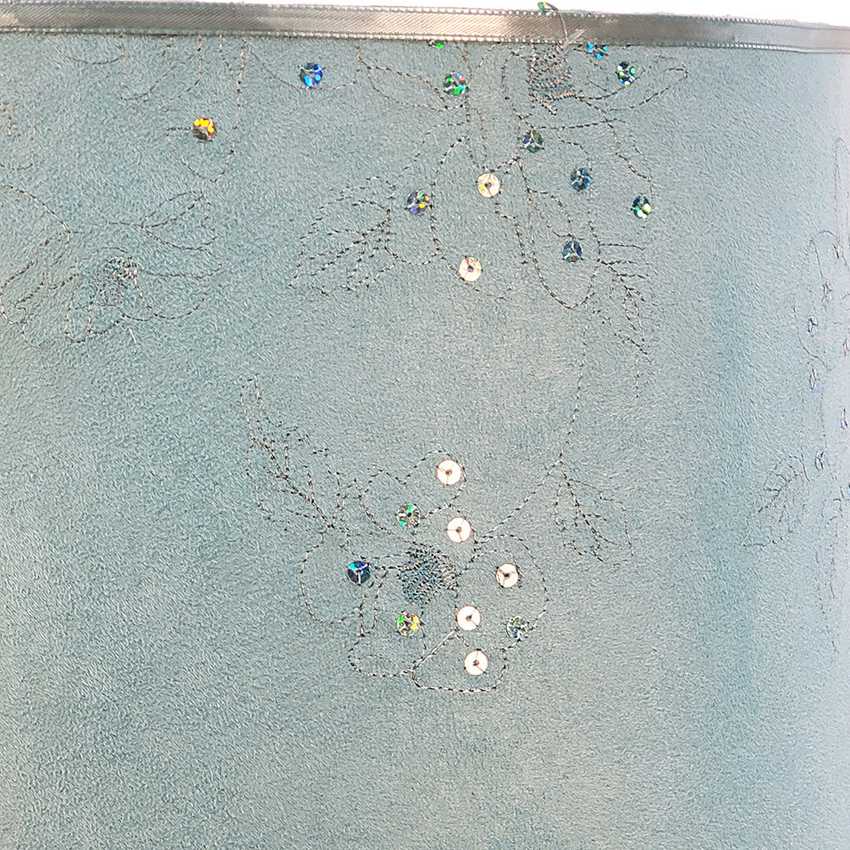 Handmade Light Blue Faux Suede Drum Lampshade with Embroidered Sequined Roses | Custom Pastel Blue Sparkle Spider Fitter Replacement Shade