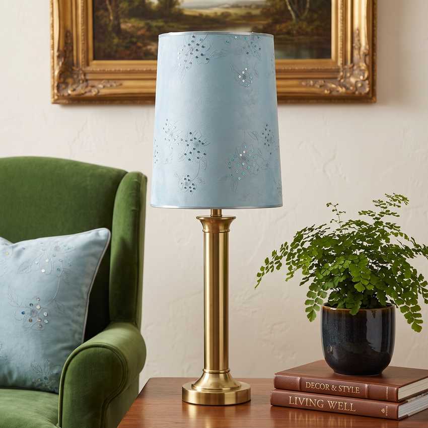 Handmade Light Blue Faux Suede Drum Lampshade with Embroidered Sequined Roses | Custom Pastel Blue Sparkle Spider Fitter Replacement Shade
