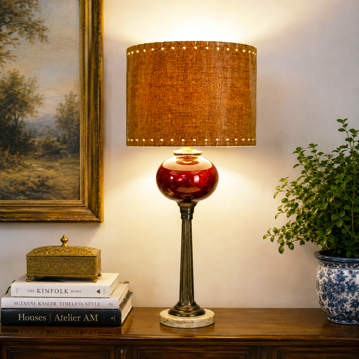 Vintage Ruby Red Glass Table Lamp Brass Column Stone Base 25.5”