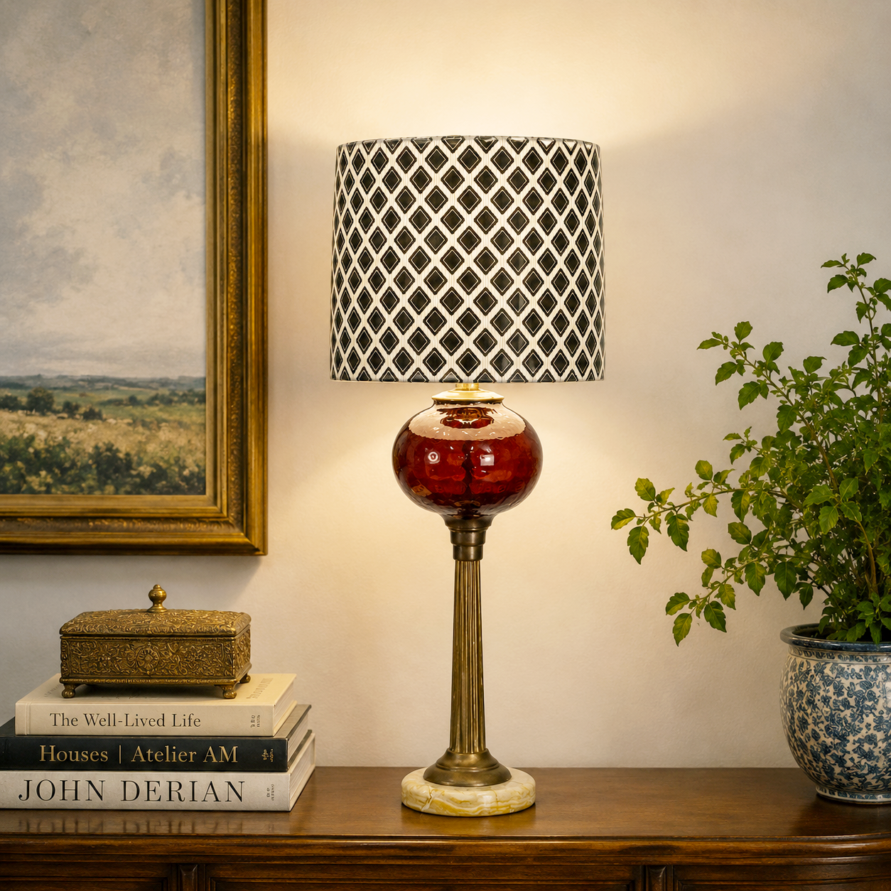 Vintage Ruby Red Glass Table Lamp Brass Column Stone Base 25.5”