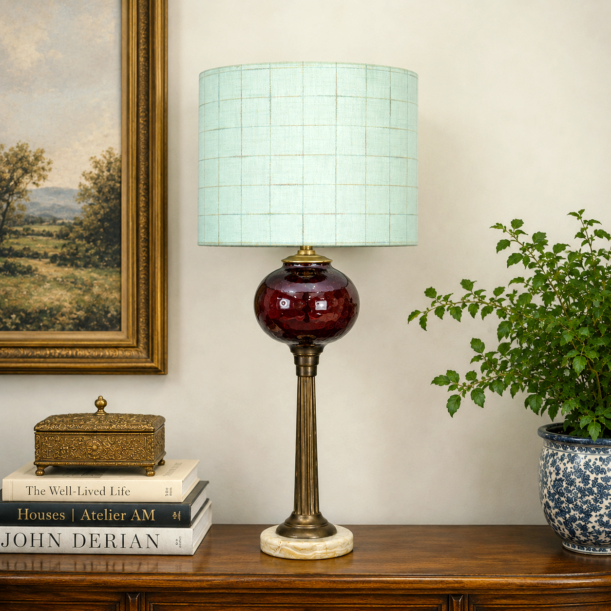 Vintage Ruby Red Glass Table Lamp Brass Column Stone Base 25.5”