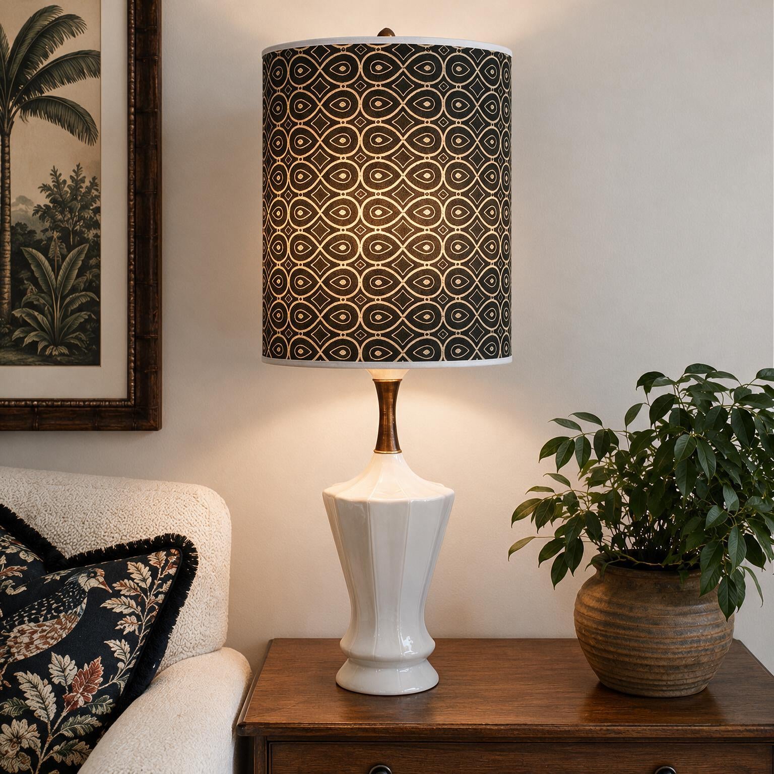 White Ceramic and Wood, Tall MCM Lamp