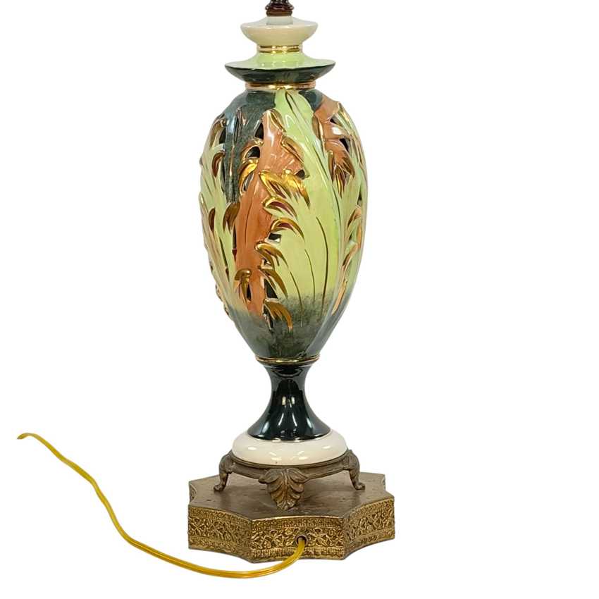 Vintage Green Ceramic Table Lamp with Raised Gold Scrollwork | Hollywood Regency Ornate Urn Lamp | Baroque Revival Lighting