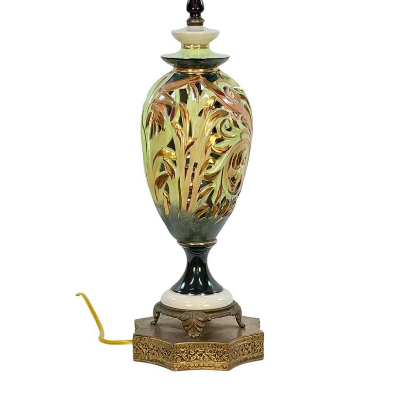 Vintage Green Ceramic Table Lamp with Raised Gold Scrollwork | Hollywood Regency Ornate Urn Lamp | Baroque Revival Lighting