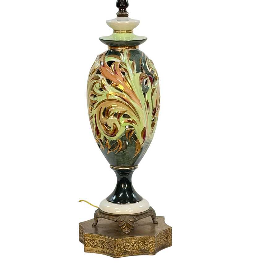 Vintage Green Ceramic Table Lamp with Raised Gold Scrollwork | Hollywood Regency Ornate Urn Lamp | Baroque Revival Lighting