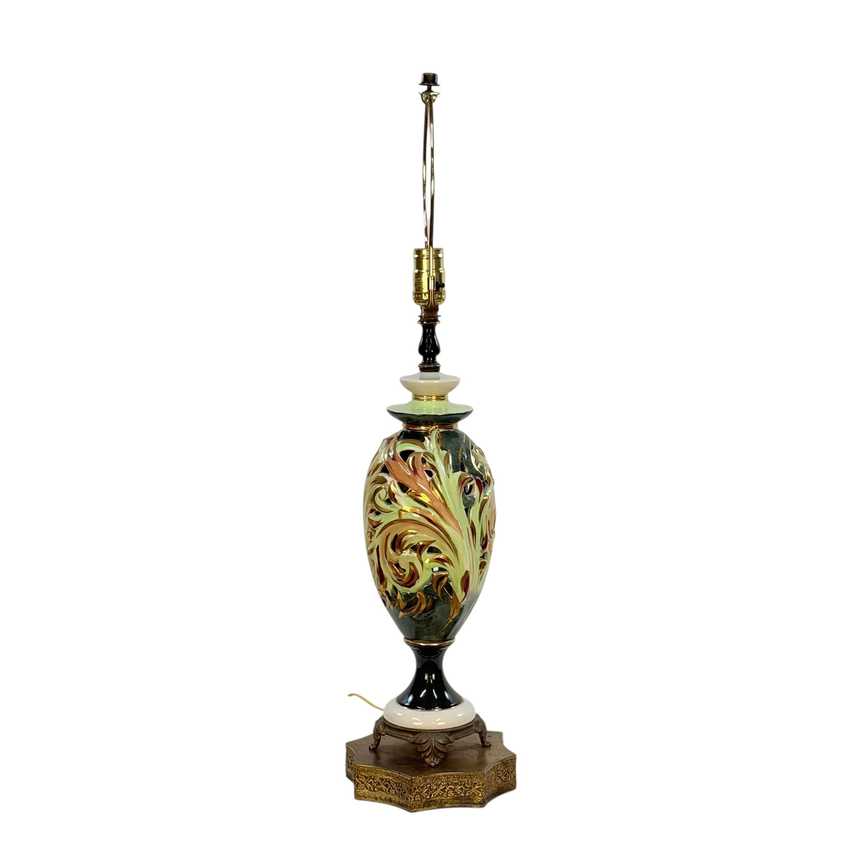 Vintage Green Ceramic Table Lamp with Raised Gold Scrollwork | Hollywood Regency Ornate Urn Lamp | Baroque Revival Lighting