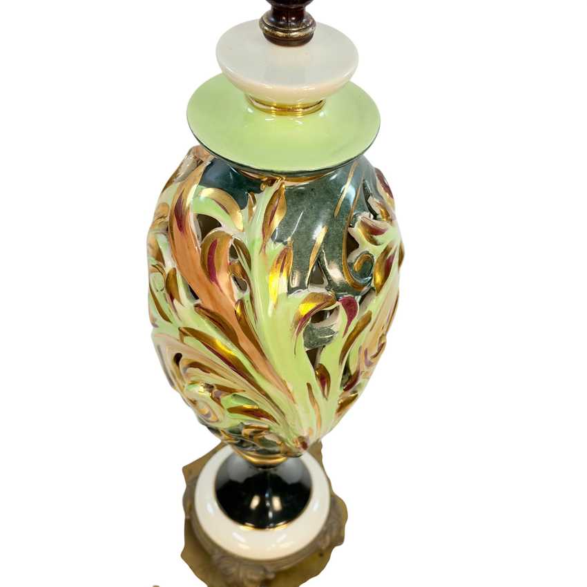 Vintage Green Ceramic Table Lamp with Raised Gold Scrollwork | Hollywood Regency Ornate Urn Lamp | Baroque Revival Lighting
