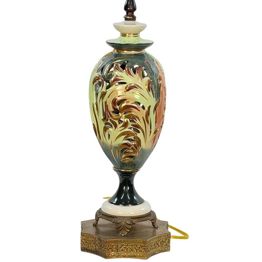 Vintage Green Ceramic Table Lamp with Raised Gold Scrollwork | Hollywood Regency Ornate Urn Lamp | Baroque Revival Lighting