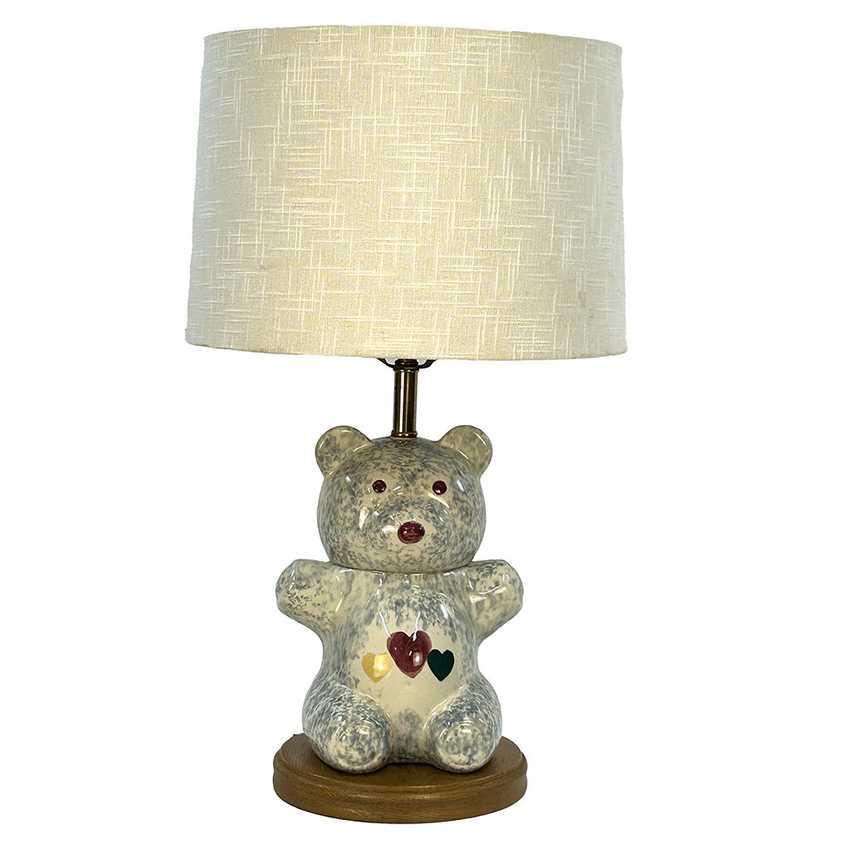 Vintage Spongeware Ceramic Teddy Bear Table Lamp | Blue Speckled Pottery Nursery Light with Hearts | Whimsical Country Cottage Novelty Lamp