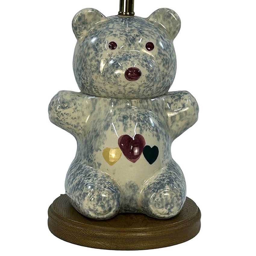 Vintage Spongeware Ceramic Teddy Bear Table Lamp | Blue Speckled Pottery Nursery Light with Hearts | Whimsical Country Cottage Novelty Lamp