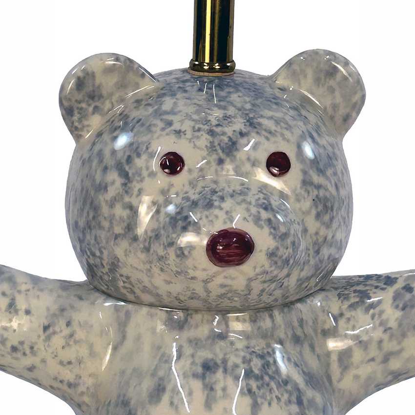 Vintage Spongeware Ceramic Teddy Bear Table Lamp | Blue Speckled Pottery Nursery Light with Hearts | Whimsical Country Cottage Novelty Lamp