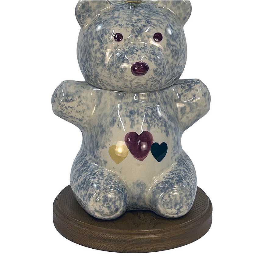 Vintage Spongeware Ceramic Teddy Bear Table Lamp | Blue Speckled Pottery Nursery Light with Hearts | Whimsical Country Cottage Novelty Lamp