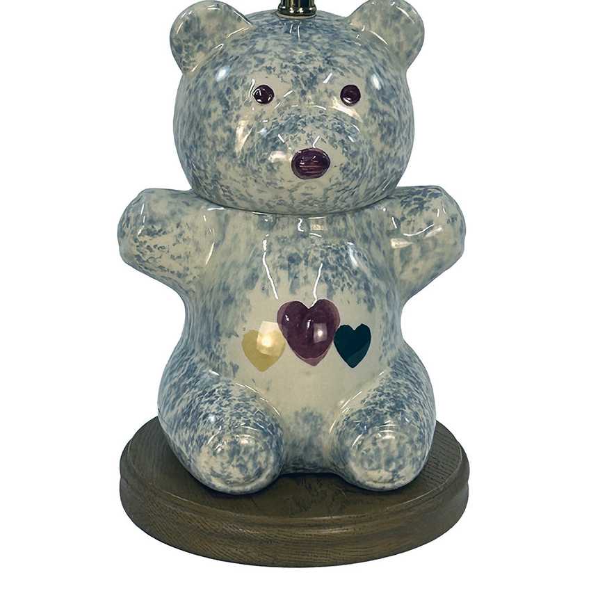 Vintage Spongeware Ceramic Teddy Bear Table Lamp | Blue Speckled Pottery Nursery Light with Hearts | Whimsical Country Cottage Novelty Lamp