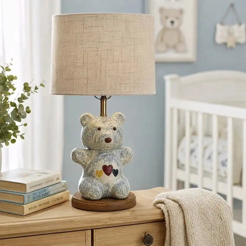 Vintage Spongeware Ceramic Teddy Bear Table Lamp | Blue Speckled Pottery Nursery Light with Hearts | Whimsical Country Cottage Novelty Lamp