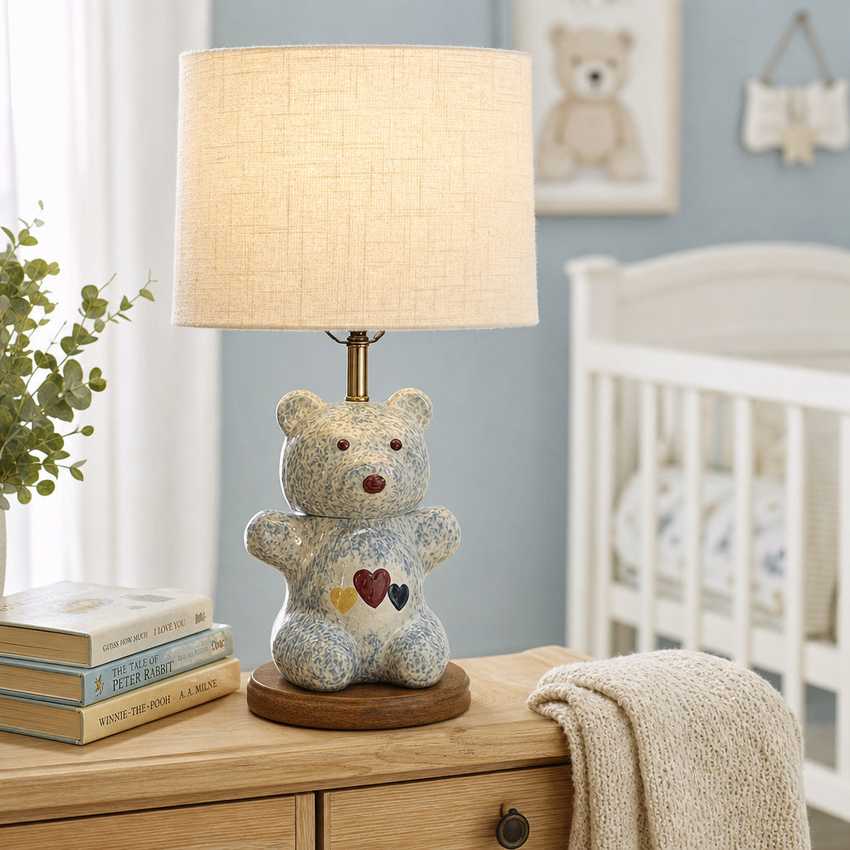 Vintage Spongeware Ceramic Teddy Bear Table Lamp | Blue Speckled Pottery Nursery Light with Hearts | Whimsical Country Cottage Novelty Lamp
