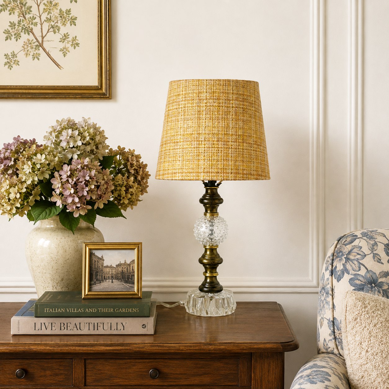 Thomas Custom Built Vintage Glass Lamp; Brass Table Lamp – One of a Kind Up-cycled Lamp – 18.25"