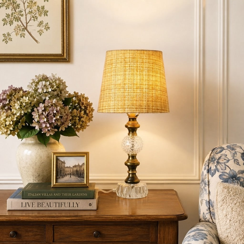 Thomas Custom Built Vintage Glass Lamp; Brass Table Lamp – One of a Kind Up-cycled Lamp – 18.25"