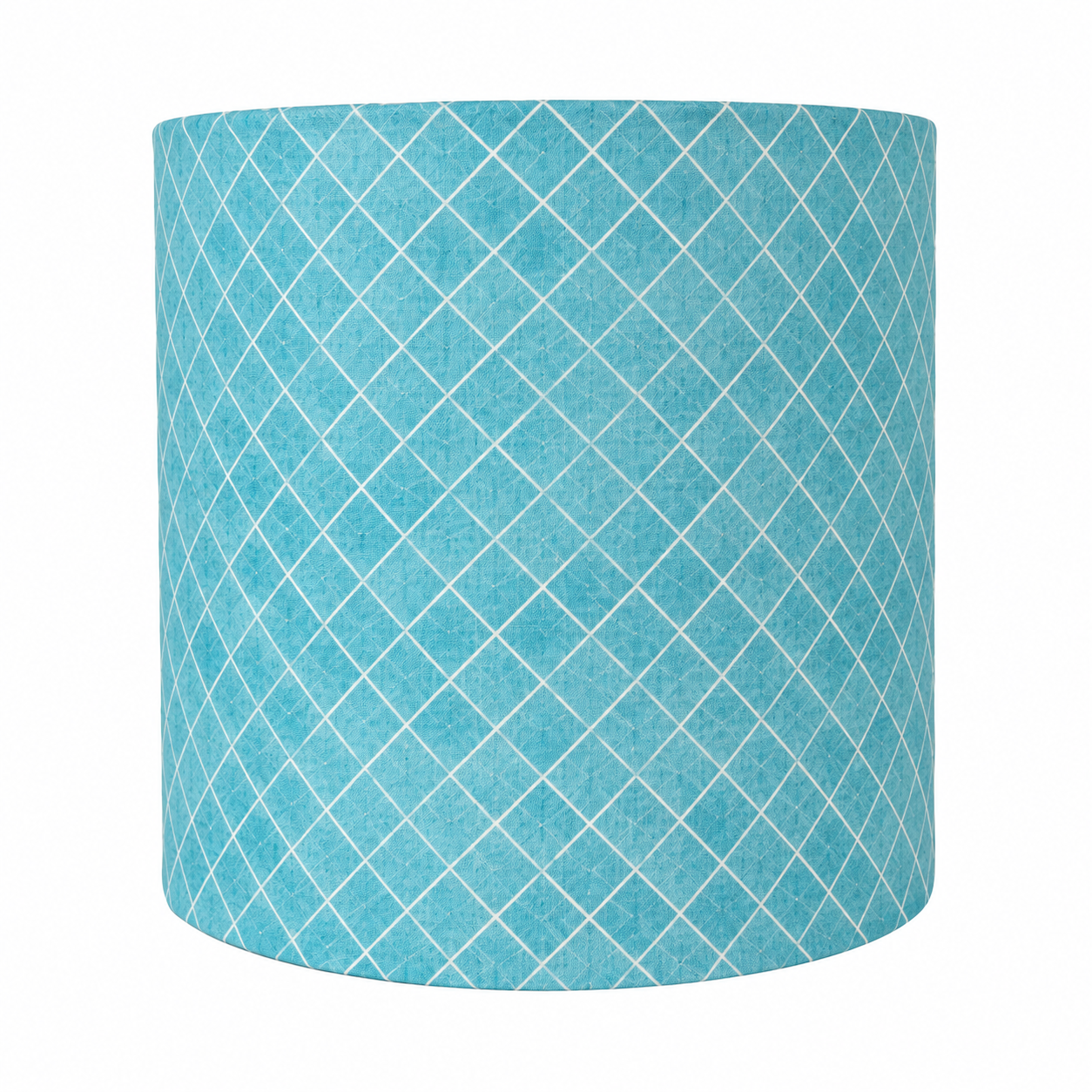 A cylindrical lampshade with a textured turquoise blue fabric featuring a white geometric diamond lattice pattern, shown against a plain white background.
