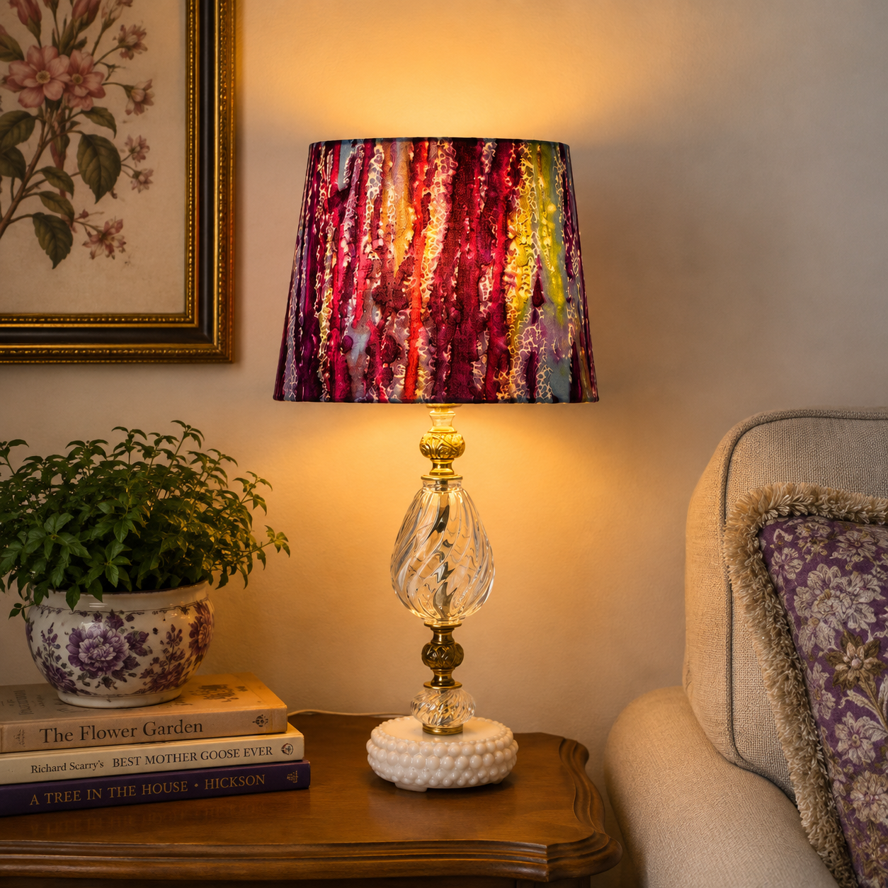 "Ursula" Custom Glass Table Lamp – Handmade Upcycled Vintage Glass Lamp; Brass Lamp – Milk Glass Base – 19.25”
