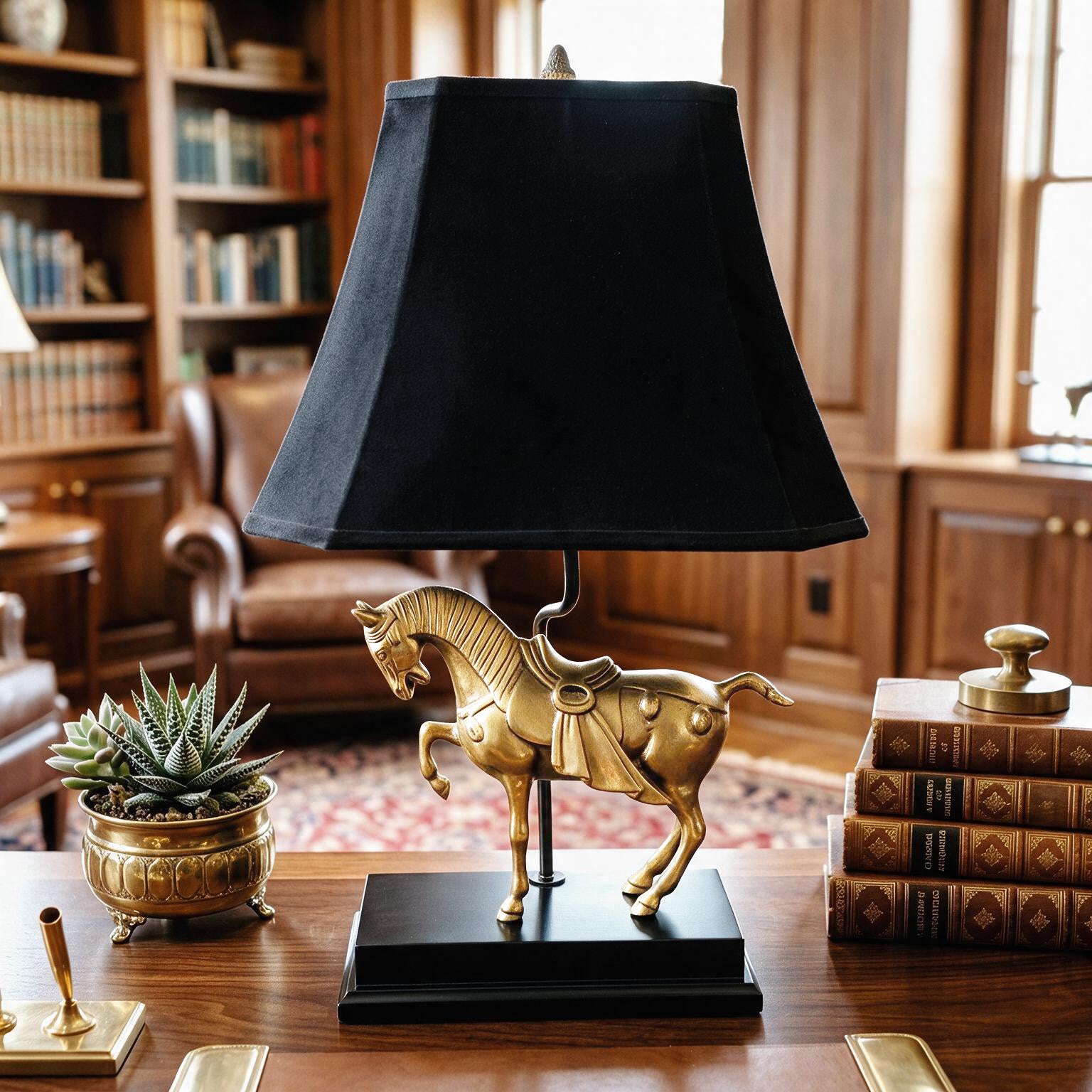 Vintage Solid Brass Horse Table Lamp with Black Lampshade | Equestrian Decor | Hollywood Regency Style Lamp